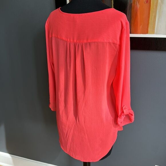 Express day glo orange sheer tuxedo pleat clear sequin bodice roll sleeve top. M - Picture 5 of 8